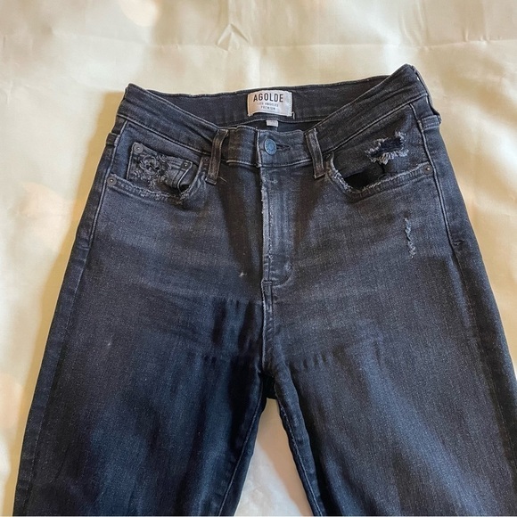 Agolde- Black Sophie Mid Rise Cropped Distressed Hem Skinny Jeans Size 28 - Picture 4 of 9